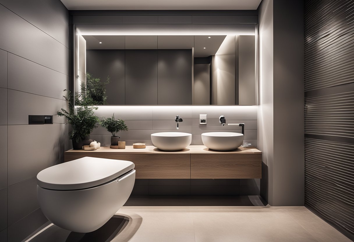 A modern toilet with sleek design, clean lines, and accessible features. The bathroom is well-lit with natural light and has a minimalist aesthetic