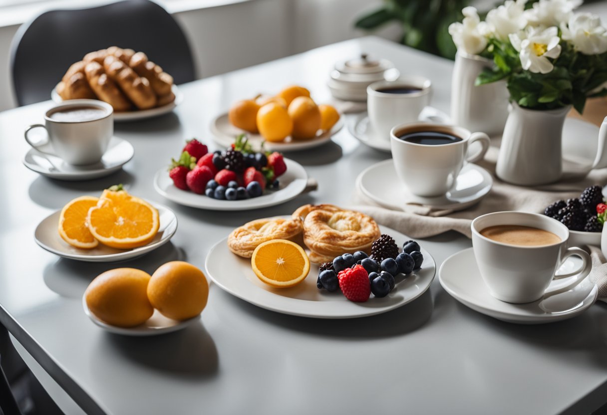 A modern breakfast table set with fresh fruit, pastries, and coffee in a bright, airy kitchen