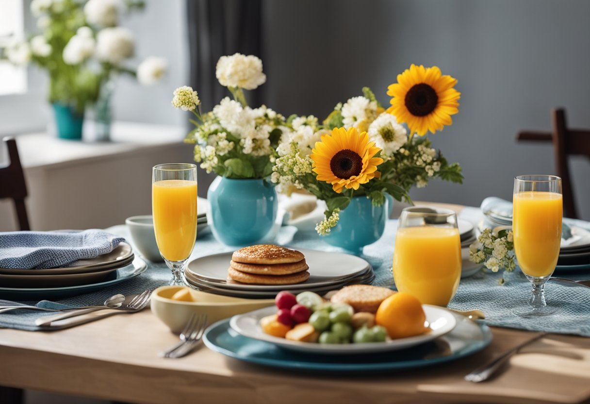 The breakfast table is set with a colorful tablecloth, fresh flowers in a vase, and a variety of stylish plates and utensils