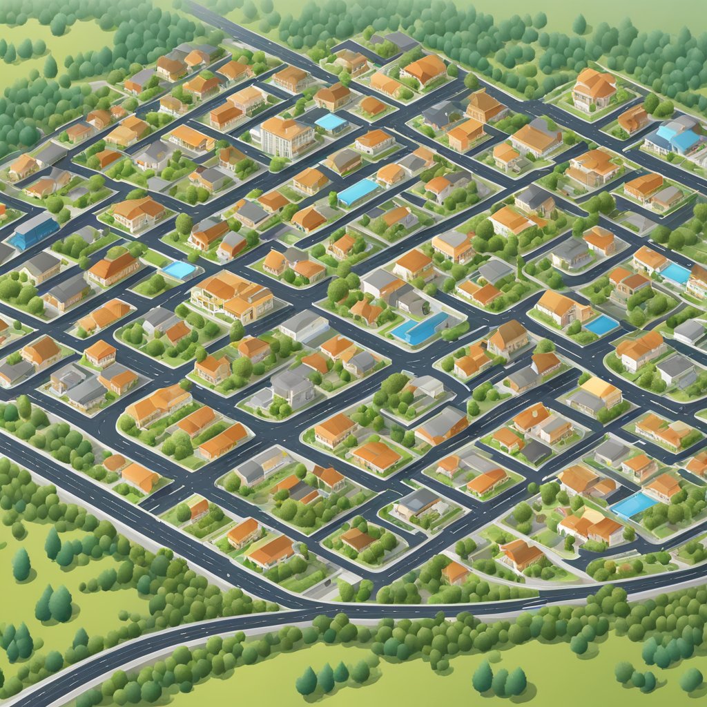 Aerial view of houses surrounded by a network of roads and streets, with a central hub of amenities like schools, parks, and shopping centers