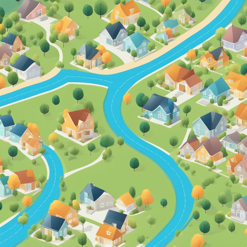 A map with plotted neighborhoods, houses, and demographic data. A real estate agent handing out flyers. A targeted marketing campaign in action