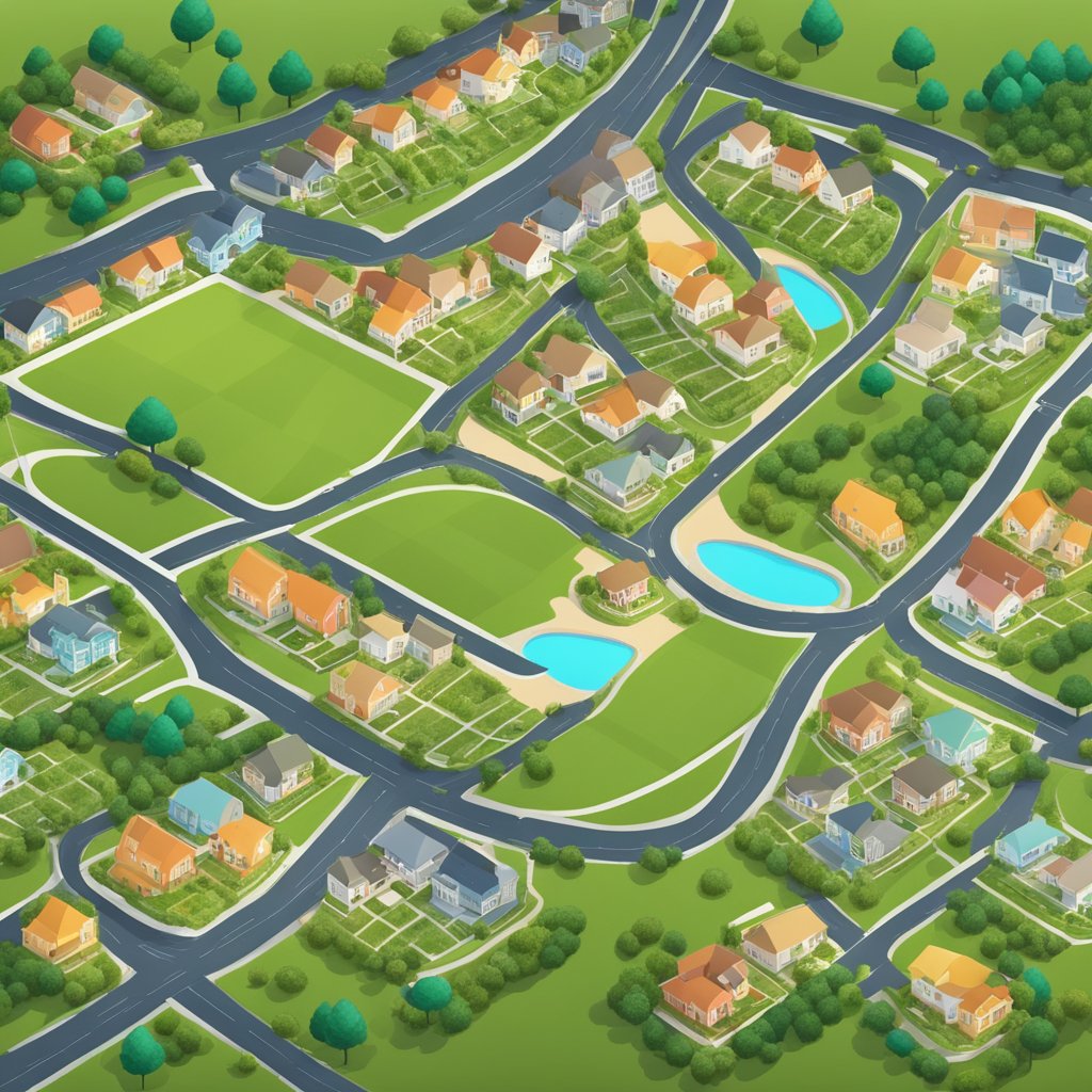 Aerial view of a neighborhood with plotted land parcels, roads, and surrounding amenities for real estate geo farming