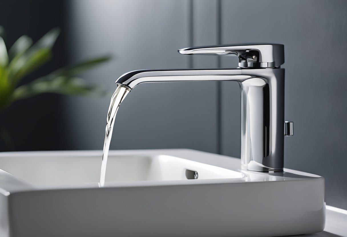 A modern, sleek toilet tap with a single lever handle and a tall, curved spout. The tap is mounted on a smooth, clean surface with minimalistic surroundings