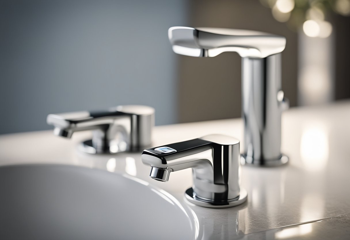 A modern, sleek toilet tap with clear labeling and easy-to-use handles, set against a clean, minimalist background