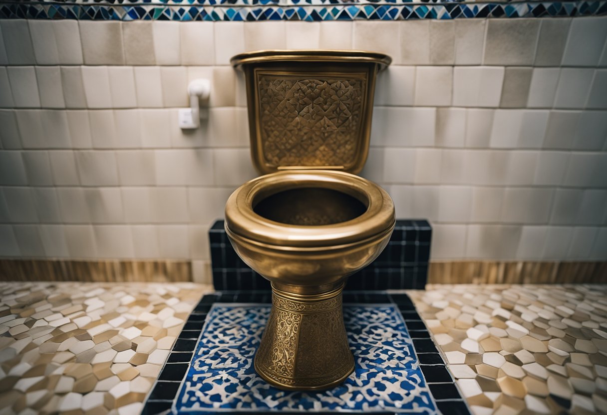 A traditional Moroccan toilet with intricate tile work and a brass faucet
