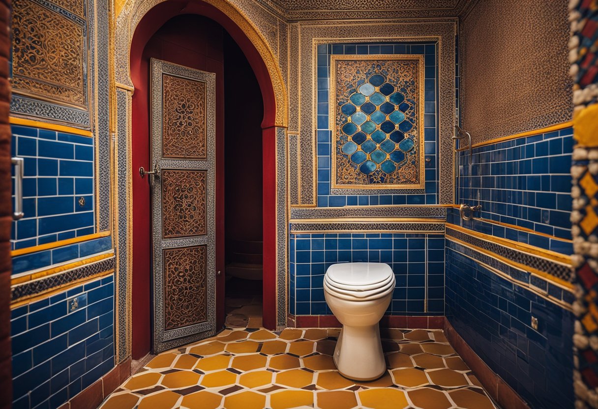 A Moroccan toilet with intricate tile patterns, ornate fixtures, and a warm color palette of rich reds, deep blues, and vibrant yellows
