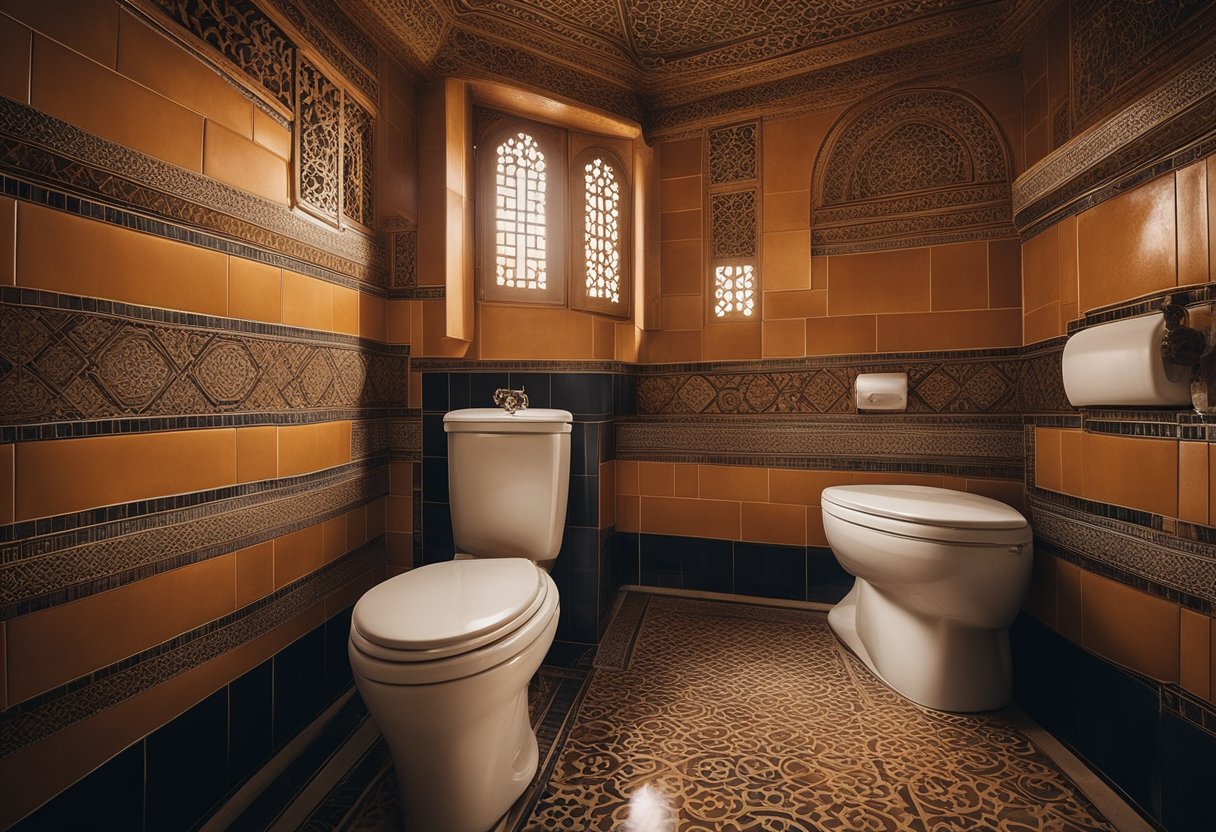 A Moroccan-style toilet with intricate tile work, ornate fixtures, and warm, earthy colors