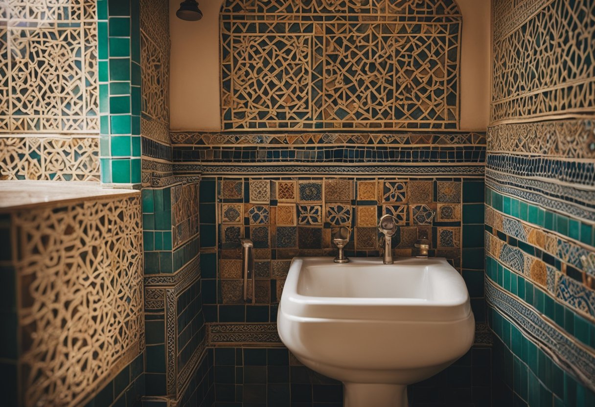 A traditional Moroccan toilet with intricate tile work and a decorative water basin