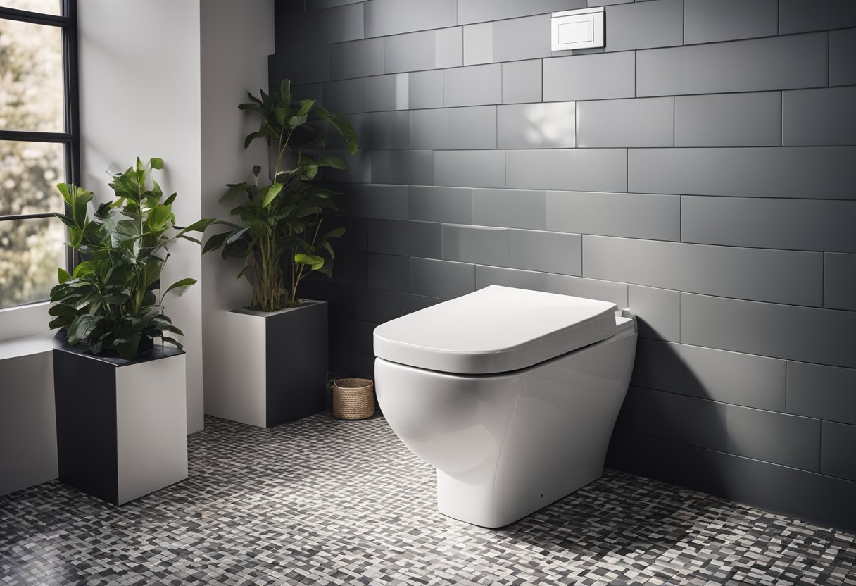 A sleek square toilet sits against a tiled wall, with a modern and minimalistic design