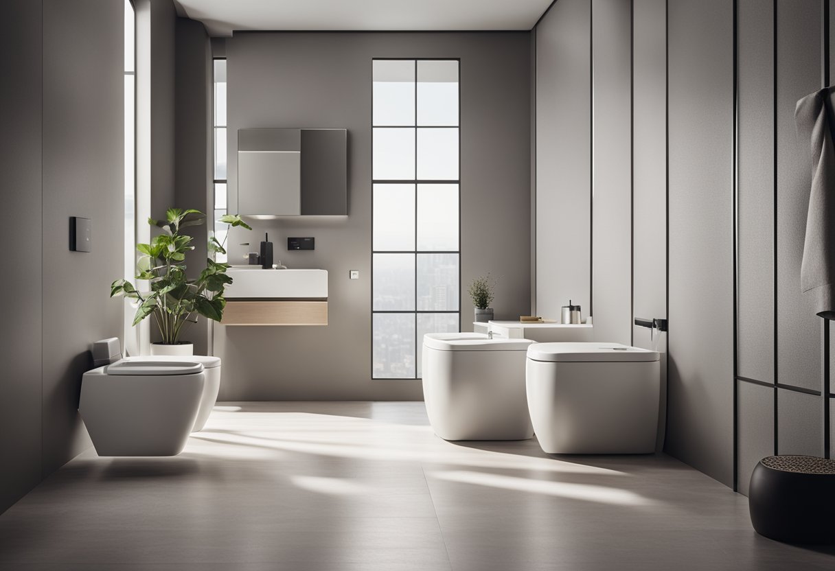 A square toilet with sleek lines and modern design, positioned in a spacious and well-lit bathroom with minimalist decor