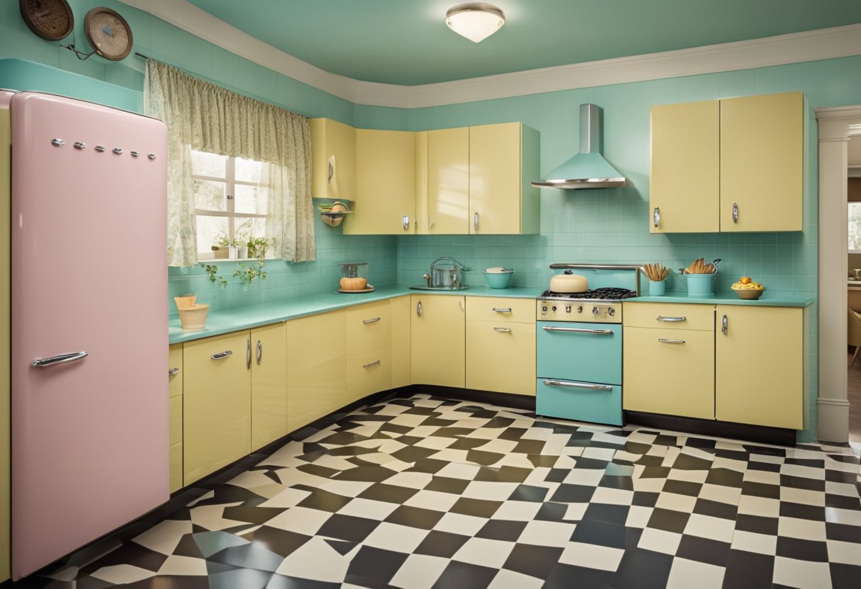 A 1960s kitchen with pastel-colored appliances, checkered linoleum flooring, and a Formica table with vinyl chairs. Cabinets are adorned with chrome handles and decorative patterns