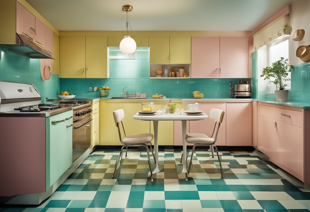 A 1960s kitchen with bright, pastel-colored appliances, checkered linoleum flooring, and sleek, minimalist cabinetry. A small dining area with a Formica table and vinyl chairs completes the retro look
