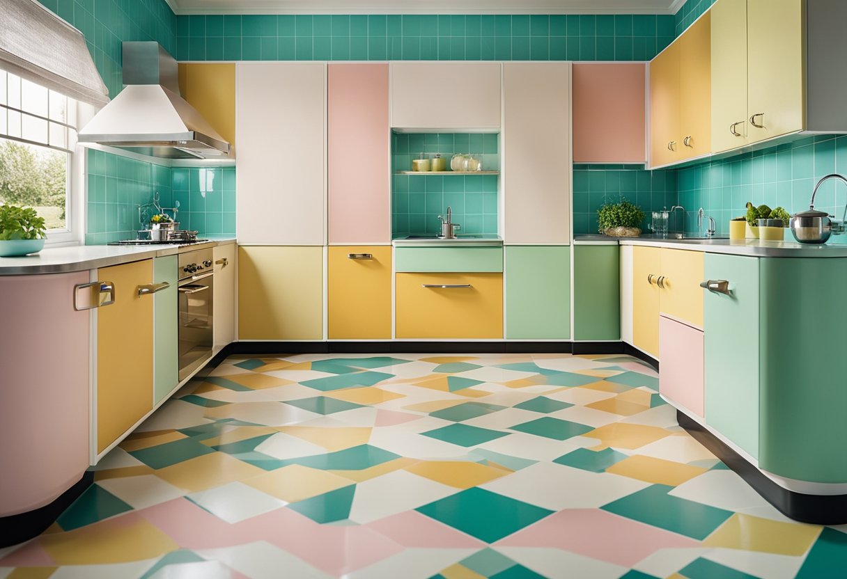 A bright, pastel-colored 1960s kitchen with sleek, geometric cabinets, chrome appliances, and a patterned linoleum floor