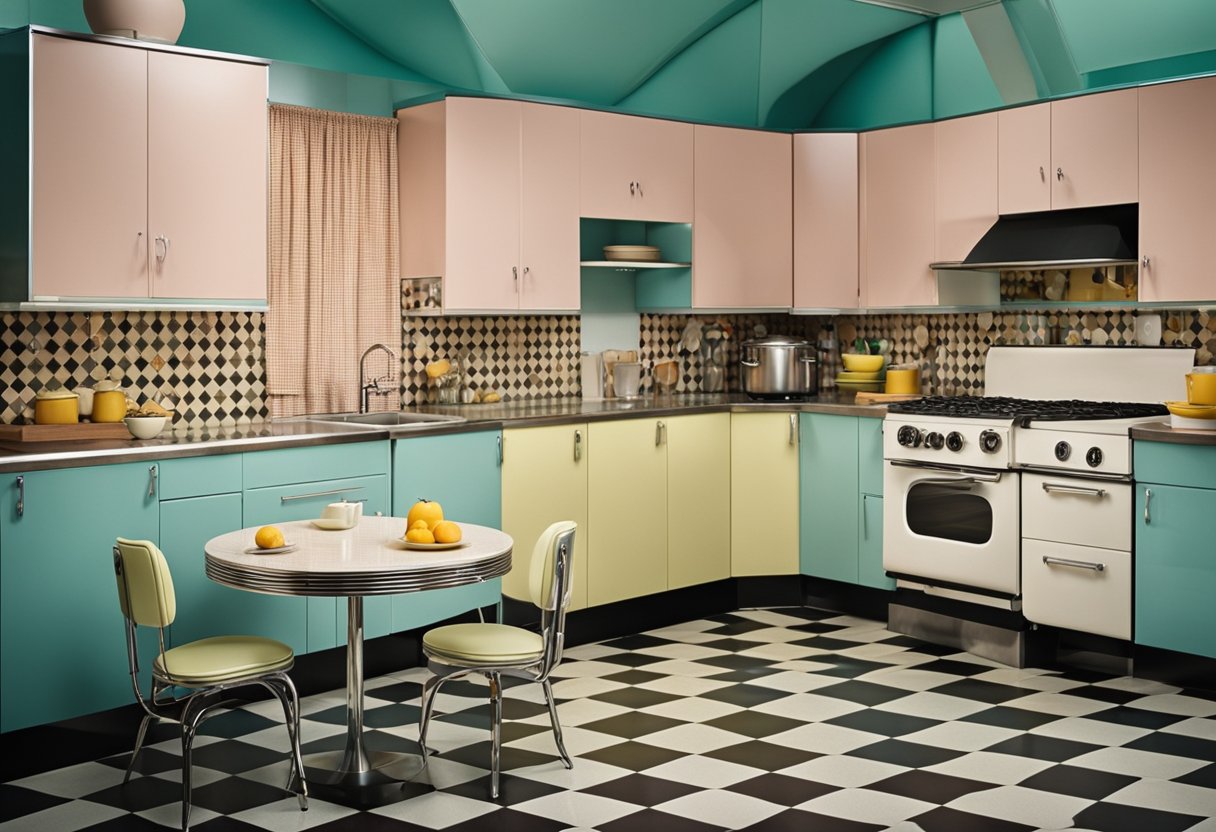 A 1960s kitchen with pastel-colored appliances, checkered linoleum flooring, and vinyl upholstered chairs around a Formica table. Cabinets with chrome handles and a patterned wallpaper complete the scene