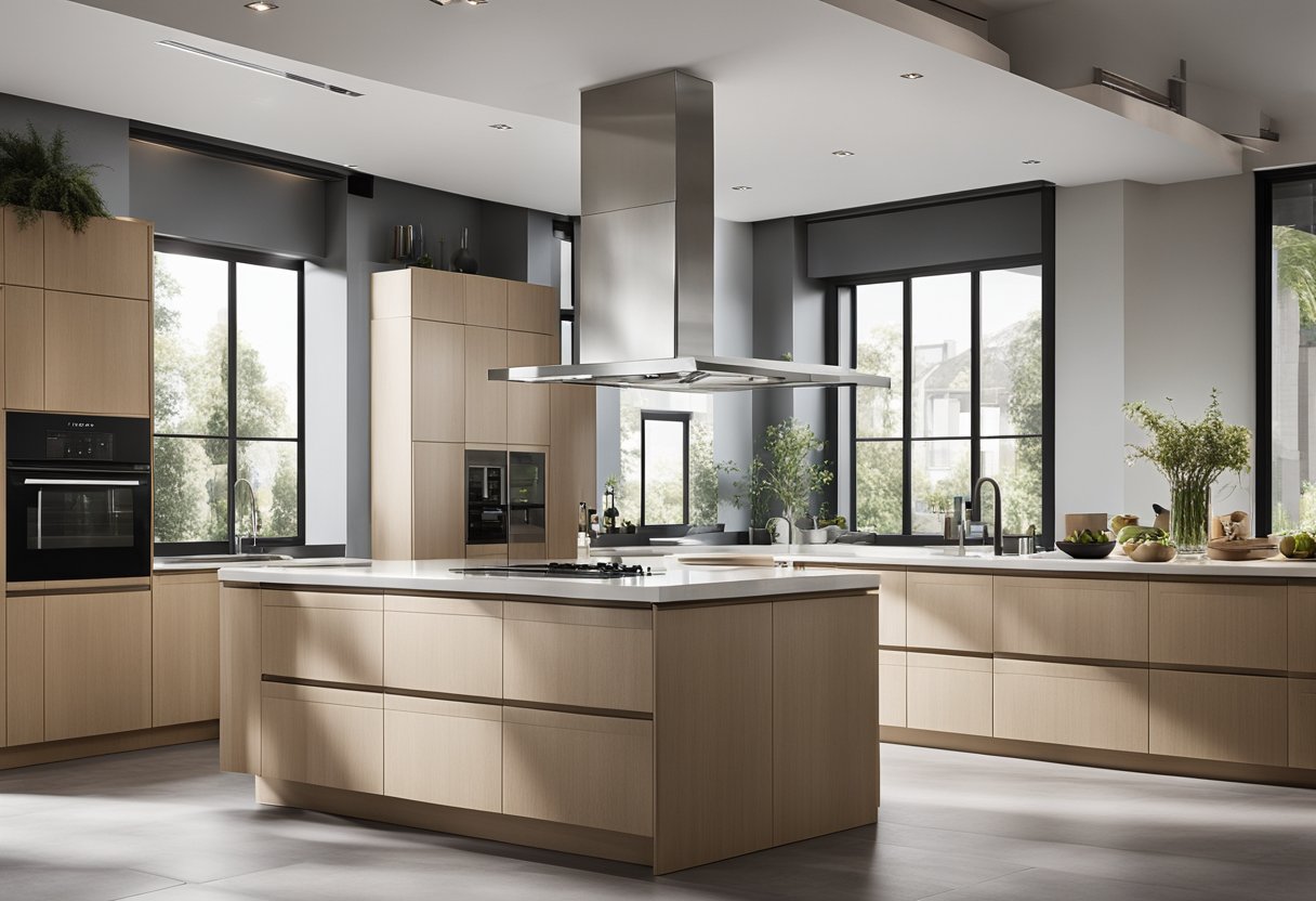 A spacious 6m x 3m kitchen with modern appliances, sleek countertops, and ample storage. Bright natural light fills the room through large windows, highlighting the clean and contemporary design
