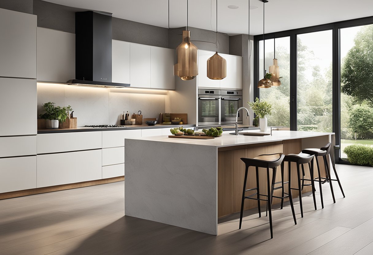 A spacious 6m x 3m kitchen with an island, modern appliances, and ample counter space. Bright natural light floods in through large windows, illuminating the sleek, minimalist design