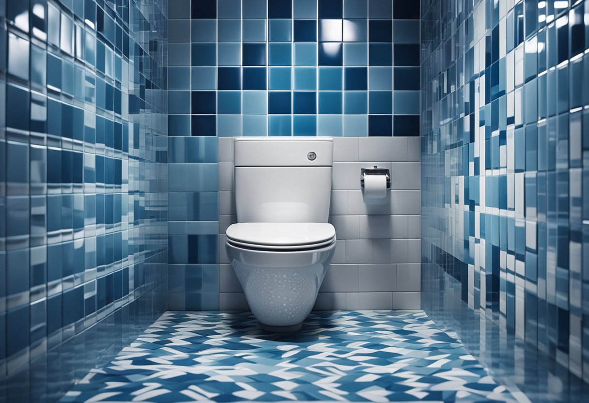 The toilet wall tiles feature a geometric pattern in shades of blue and white, creating a modern and clean aesthetic