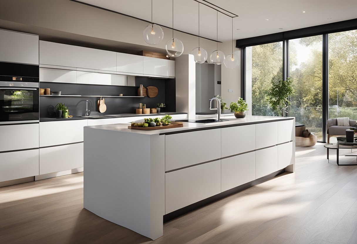 A spacious 6m x 3m kitchen with modern appliances, ample storage, and a central island for food preparation and socializing. Bright natural light floods the room through large windows, illuminating the clean, contemporary design