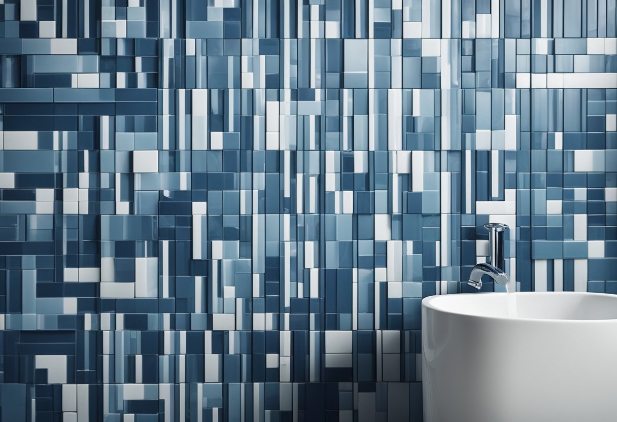 A bathroom wall with a modern, geometric tile design in shades of blue and white, creating a clean and contemporary look