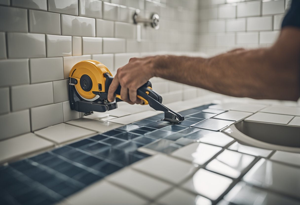 A tiler measuring and cutting ceramic tiles for a toilet wall installation