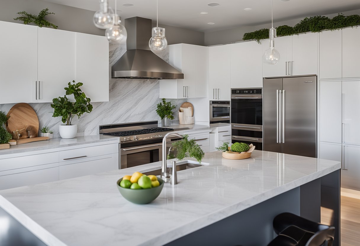 Sleek, modern kitchen with stainless steel appliances, marble countertops, and minimalist design. Large windows allow natural light to flood the space, highlighting the sleek lines and sophisticated finishes
