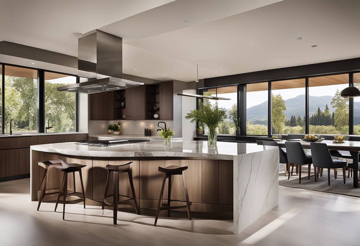 The award-winning kitchen features sleek, modern cabinetry, a spacious island with a built-in sink, and luxurious marble countertops. The natural light streaming in through large windows highlights the elegant design elements