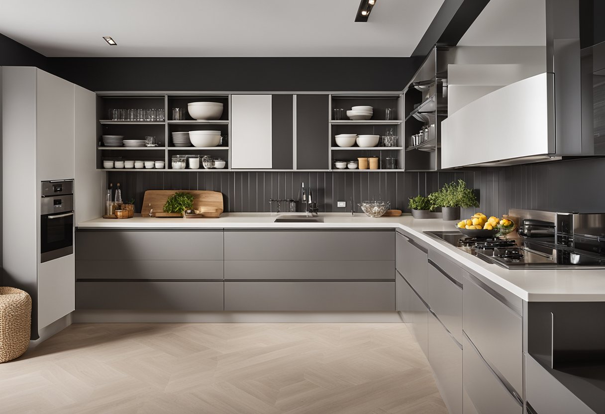 A spacious kitchen with lower countertops, pull-out shelves, and wide aisles for easy maneuverability. Open shelving and adjustable-height cabinets provide accessible storage options