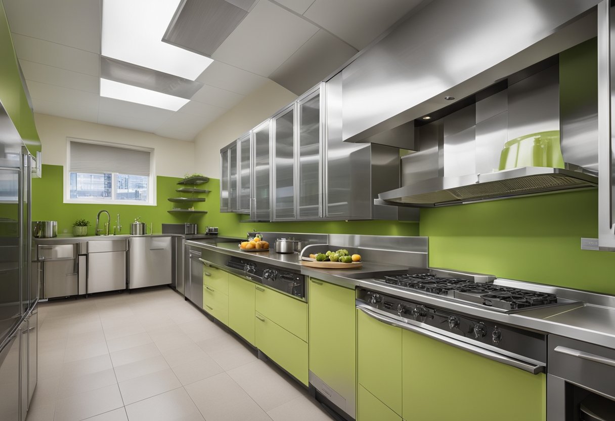 A spacious kitchen with lowered countertops, pull-out shelves, and wide aisles for wheelchair access. Bright, contrasting colors and tactile indicators on appliances for visually impaired users