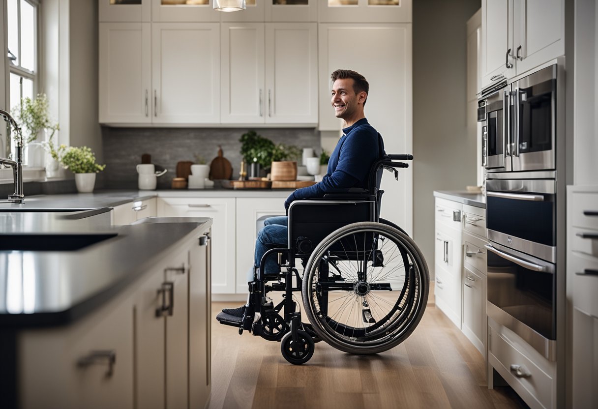 A wheelchair user easily navigates through a spacious kitchen with lowered countertops, pull-out shelves, and accessible appliances