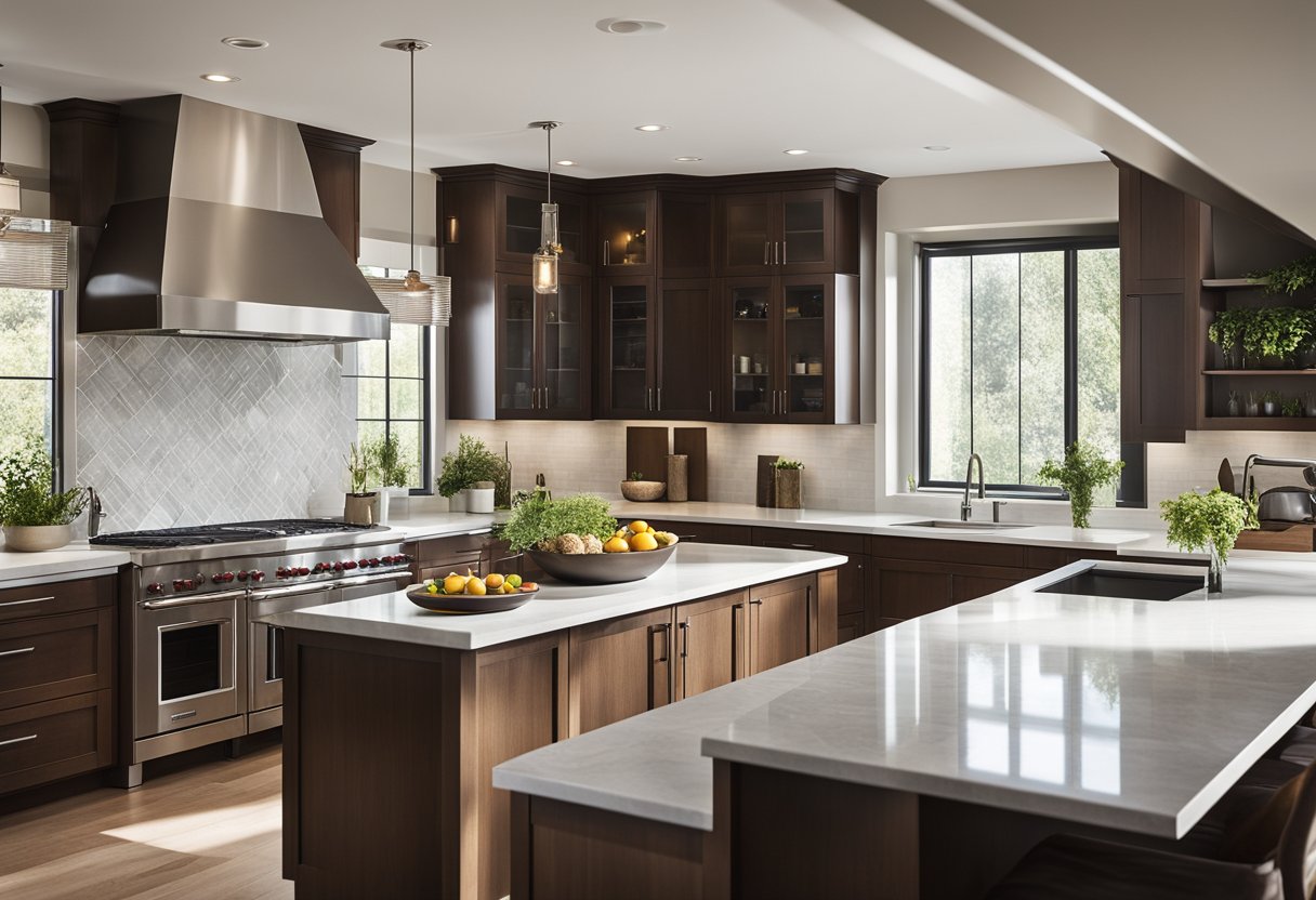 A spacious kitchen with sleek countertops, modern appliances, and ample natural light streaming in through large windows. Rich wood cabinetry and a stylish island complete the beautiful design