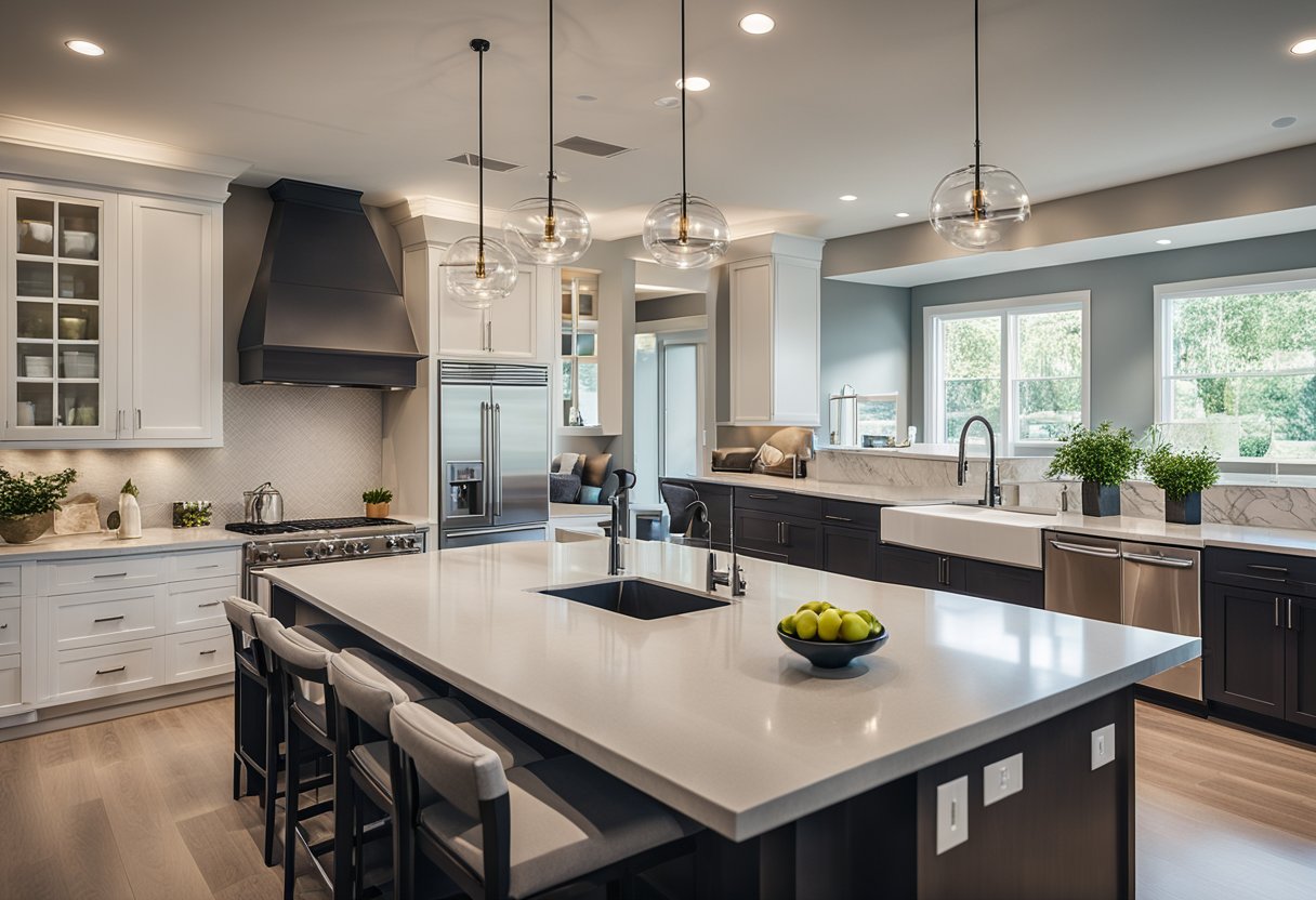 A spacious, modern kitchen with sleek countertops, stainless steel appliances, and large windows letting in natural light. A center island provides ample space for cooking and entertaining, while the color scheme is a mix of neutral tones and pops of vibrant color