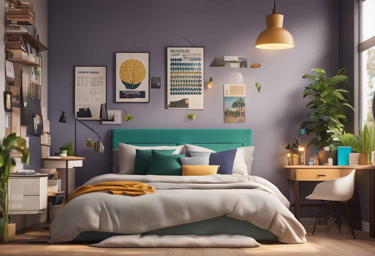 A cozy bedroom with a cluttered desk, colorful posters on the wall, and a laptop open to a custom content website for Sims 4