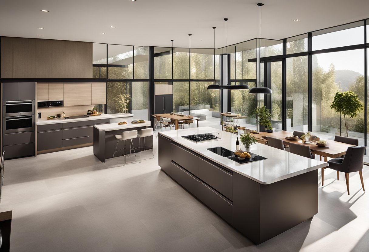 A spacious, modern kitchen with sleek countertops, a large island, and state-of-the-art appliances. Natural light floods the room through expansive windows, highlighting the elegant design and warm color palette