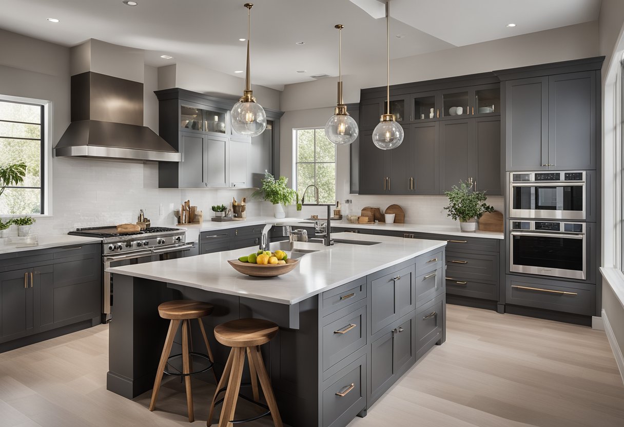 A spacious, modern kitchen with sleek countertops, ample storage, and stylish fixtures. Bright natural light floods the space, highlighting the elegant design