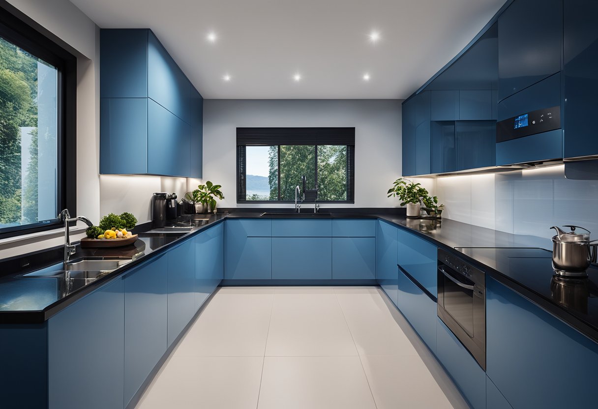A blue kitchen with sleek countertops and modern appliances. The walls are painted a calming shade of blue, and the cabinets are a contrasting dark navy