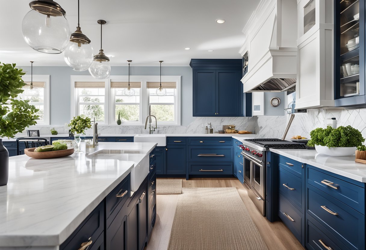 A spacious blue kitchen with white cabinets, stainless steel appliances, and a large center island with marble countertops. Bright natural light streams in from a window, illuminating the room