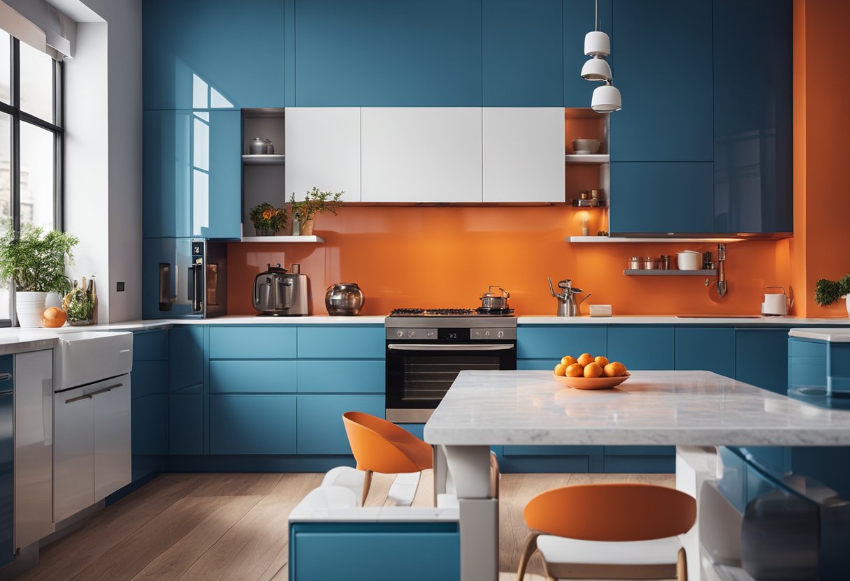 A modern blue kitchen with glossy white countertops and stainless steel appliances. The walls are painted a vibrant orange to create a complementary color scheme