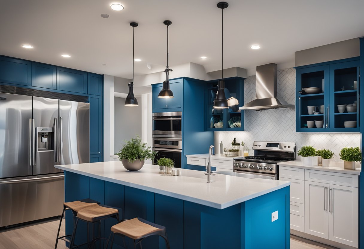A bright blue kitchen with modern design, featuring sleek countertops, stainless steel appliances, and ample storage space