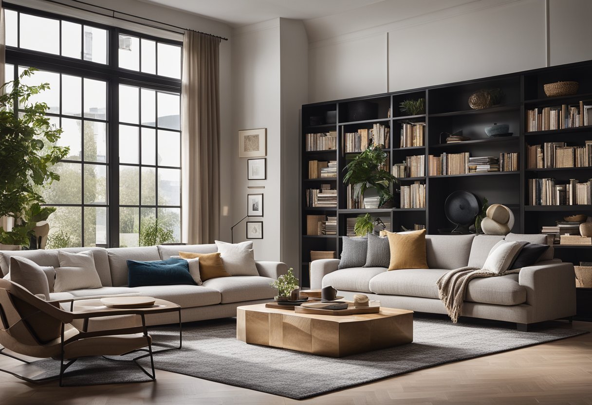 A 10 x 16 living room with a cozy sofa, coffee table, and area rug. Large windows let in natural light, with a stylish bookshelf and artwork on the walls