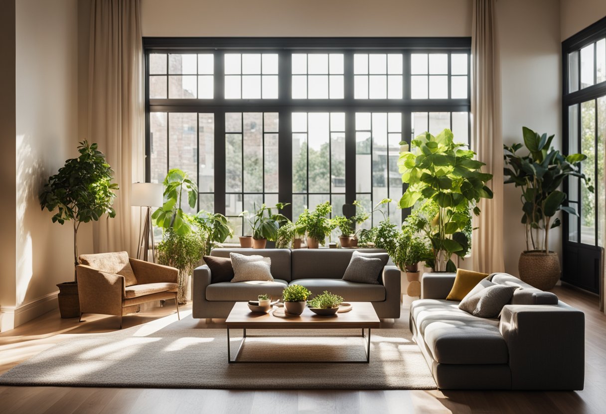 A cozy living room with a plush sofa, coffee table, and soft rug. Sunlight streams in through large windows, casting a warm glow on the room. A potted plant adds a touch of greenery, while artwork adorns the walls