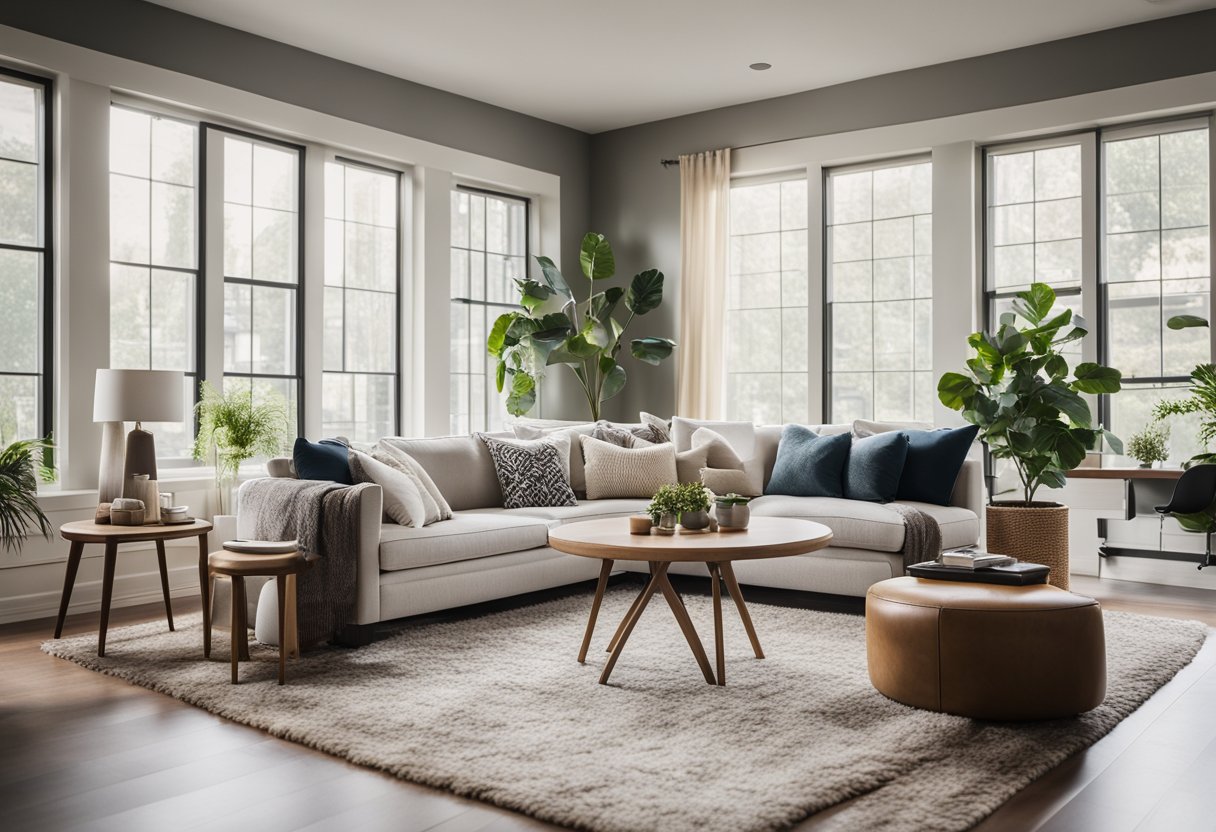 A cozy 10 x 16 living room with a modern sofa, coffee table, and accent chair. Large windows let in natural light, and a stylish rug ties the room together