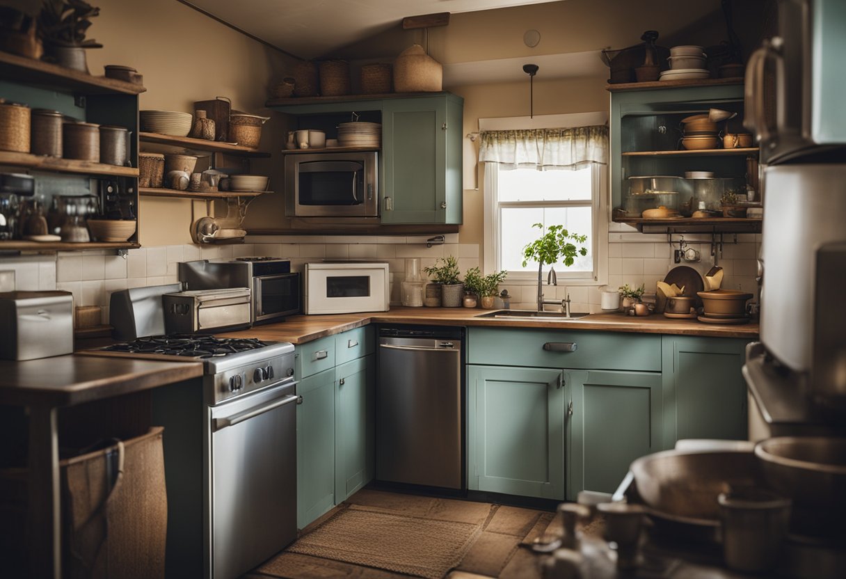 A small, cluttered kitchen with mismatched cabinets and outdated appliances. The walls are bare and the lighting is dim, giving the space a cramped and uninviting feel