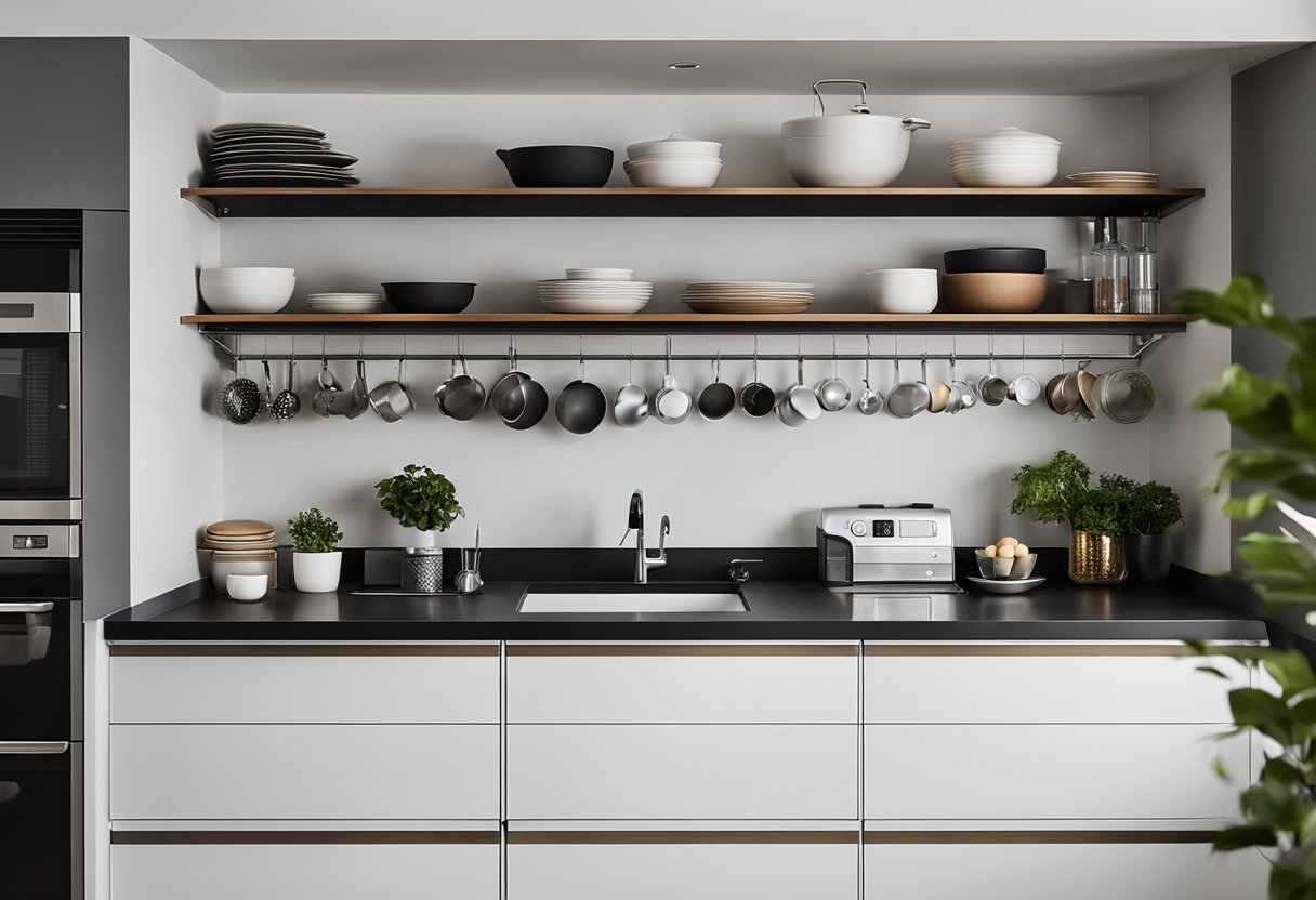 The kitchen is organized with clever storage solutions, like pull-out shelves and hanging racks. The space feels open and efficient