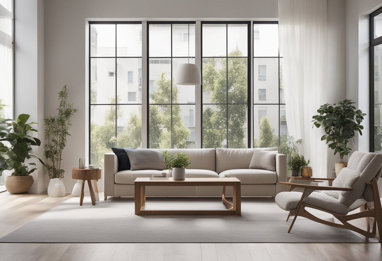 A bright, open living room with modern furniture and large windows. Light colors and minimalistic decor create an airy and inviting atmosphere