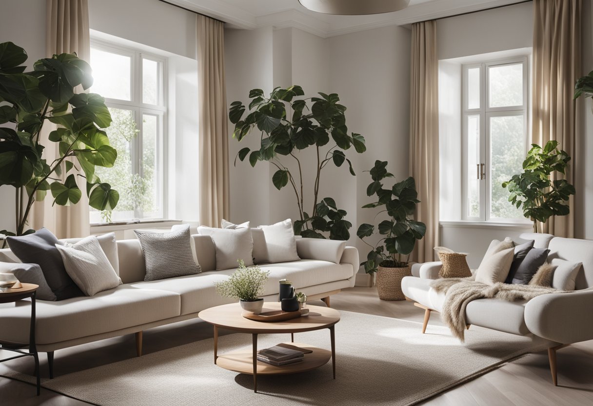 A spacious living room with large windows, light-colored furniture, and minimalistic decor. The room is filled with natural light, creating a bright and airy atmosphere