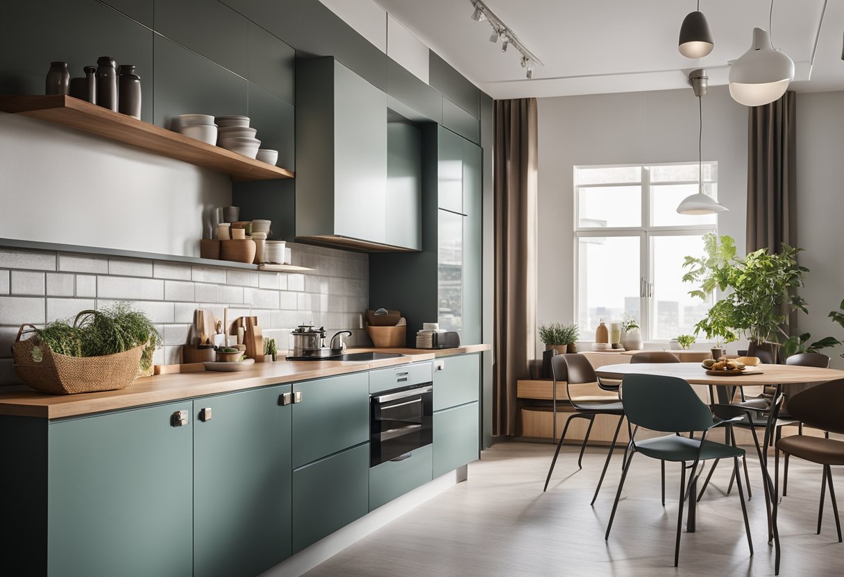 A small, budget-friendly kitchen with bright, modern colors and sleek, minimalist furniture. Light pours in through large windows, illuminating the clean, organized space