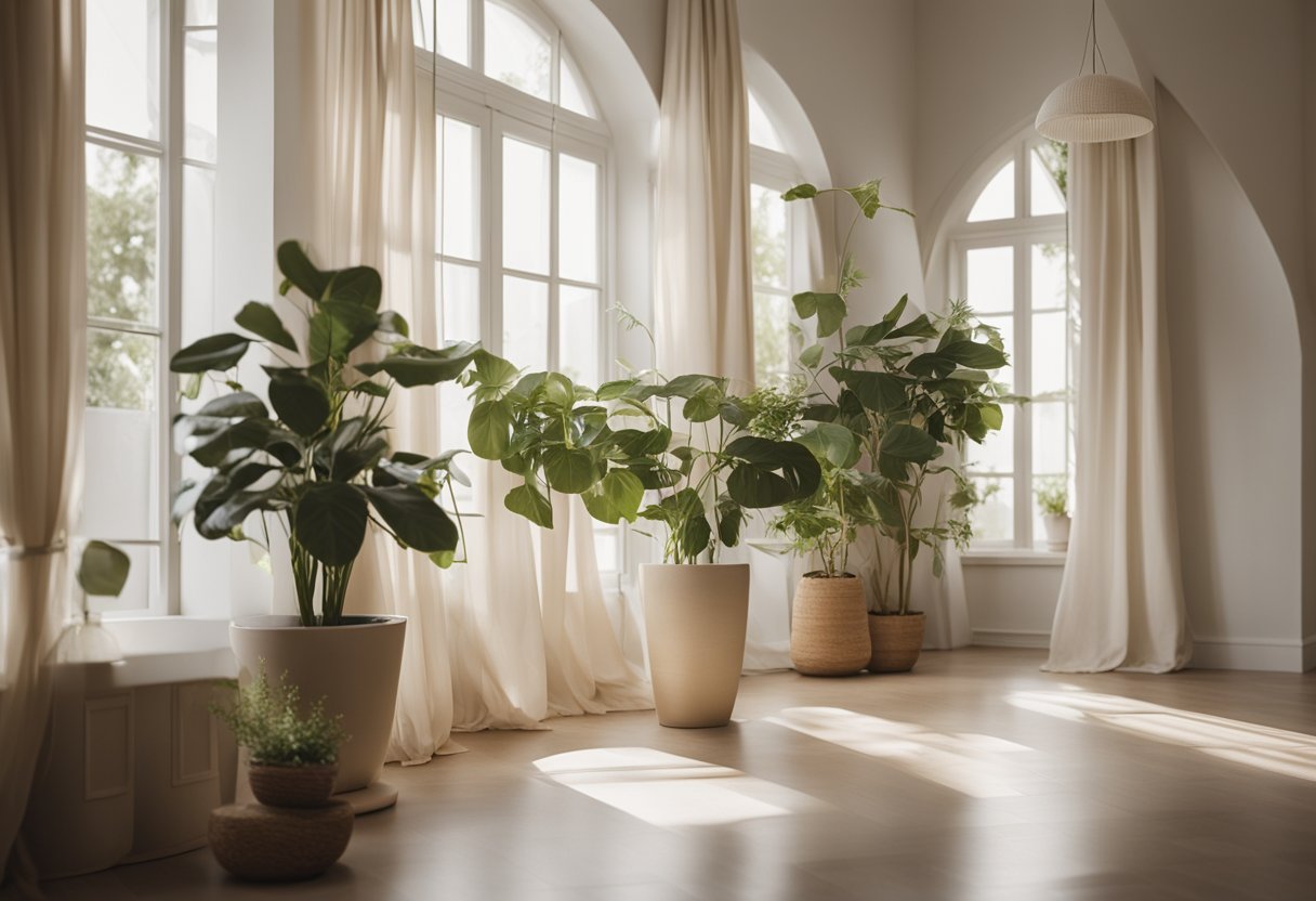 A sunlit room with large windows, light-colored furniture, and soft, billowing curtains. Delicate potted plants, a neutral color palette, and minimalistic decor create a serene and airy atmosphere