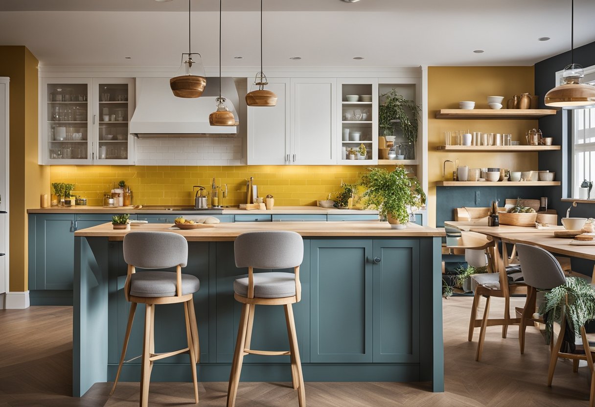 A kitchen with budget-friendly design elements, like open shelving, colorful backsplash, and efficient storage solutions