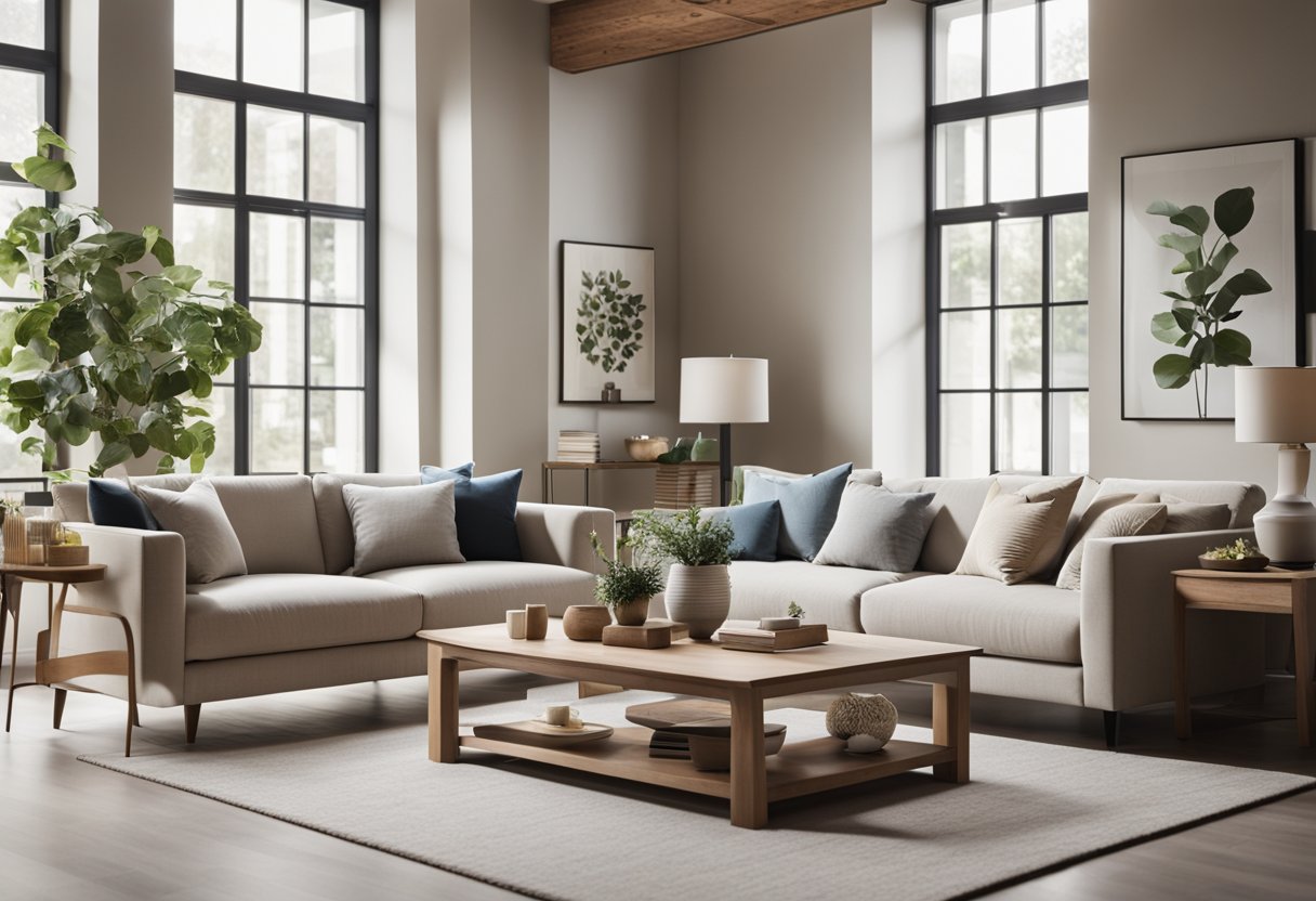 An open, bright living room with modern furniture, high ceilings, and large windows. A cozy seating area with a neutral color scheme and natural light streaming in