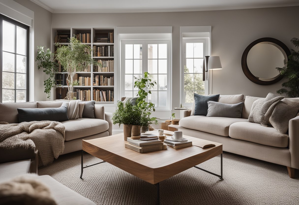 A cozy living room with a large, plush sofa, a coffee table, and a soft rug. A bookshelf lines one wall, and a large window lets in natural light